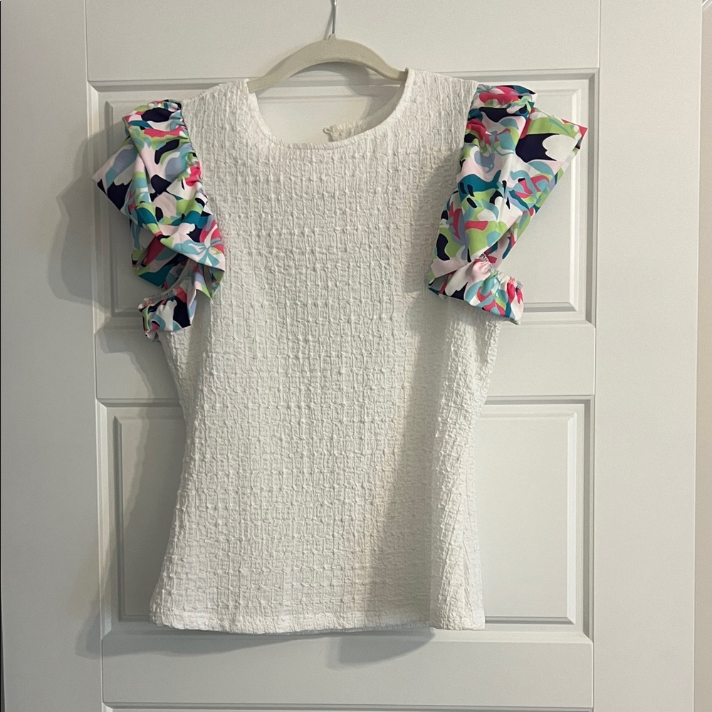 White Textured Top with Colorful Ruffled Sleeves